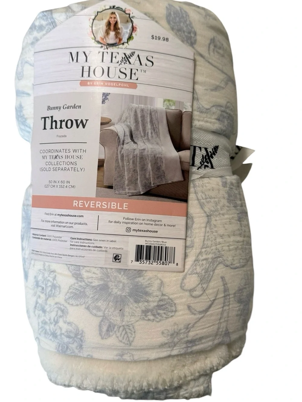 My Texas House Bunny Garden Reversible Sherpa Throw Blanket 50x60 NWT